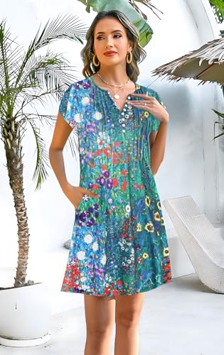 Image of Disamer Womens Casual Dresses Short Sleeve Summer Dresses 2026 Boho Floral Beach Sundresses Spring A-Line Dress with Pockets