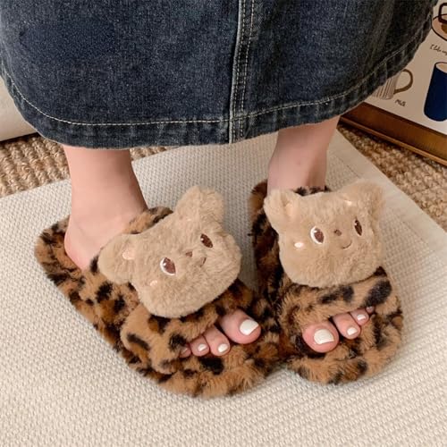 Women's Winter Slippers with Cute Plush Bear Leopard Print, Fuzzy Warm House Shoes Gifts for Her3