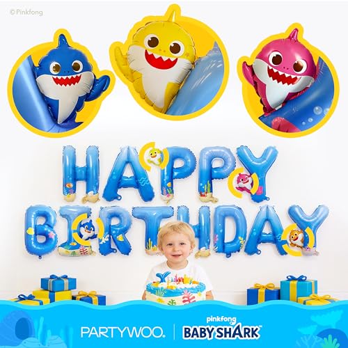 Image of PartyWoo Baby Shark Blue Happy Birthday Banner Letter Balloons 16 Inch Blue Mylar Foil Letter Balloons for Boys and Girls Baby Shark Under the Sea Ocean Theme Kids Birthday Party Decorations