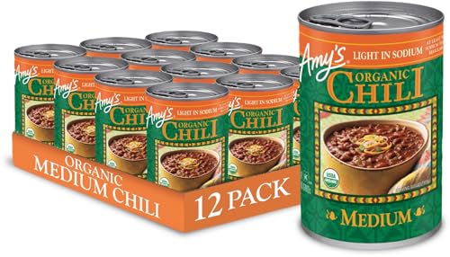 Amy's Organic Chili, Vegan Medium Chili, Light in Sodium, Gluten Free, Made With Organic Red Beans and Tofu, 14.7 Oz (12 Pack)