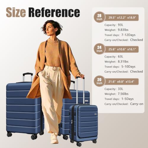 Image of KEYTANG SmileLine 3-Piece Luggage Set Lightweight Hardside Suitcase TSA Lock Spinner Wheels, 20 inch Expandable Carry-On Luggage with Quick Access Front Open Pocket, Bonus Makeup Bag,Navy Blue