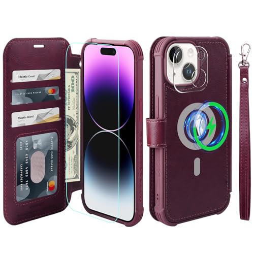 VANAVAGY Compatible for iPhone 15 Wallet Case for Magsafe Wireless Charging,Leather Flip Folio Wrist [Glass Screen Protectors & Camera Lens Protectors] with RFID Block Card Holder,Burgundy
