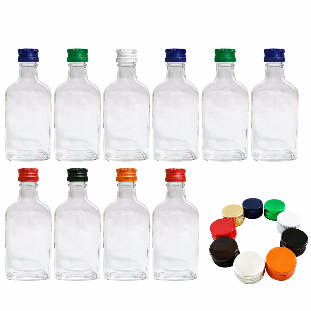 Diah Do It At Home Mix Screw Caps 10X 200Ml Clear Glass Flask Bottles With Airtight Mix Metal Screw Caps - Empty Mini Bottles For Home Brewing, Gin, Vodka, Spirits, Liqueurs, Oils & Diy Party Favors