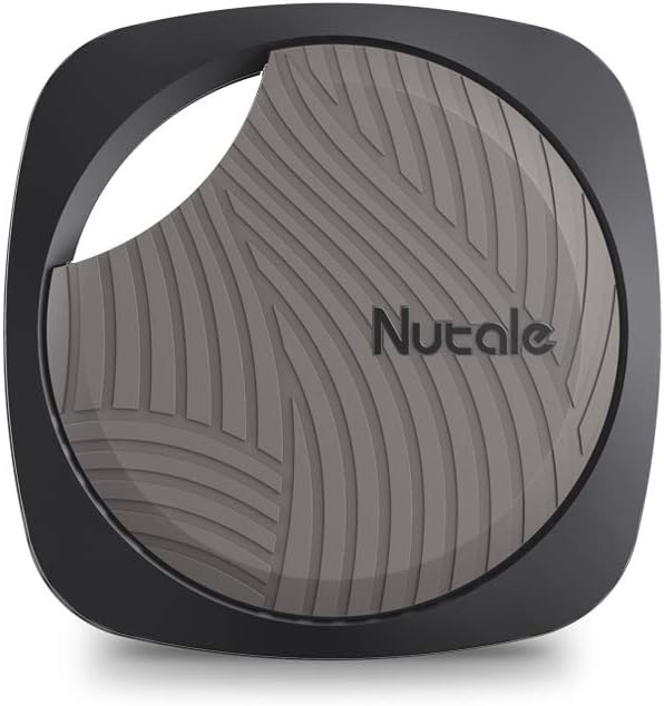 Diagram showing Nutale tracker weight (10g), dimensions (40mm x 40mm x 7.2mm), and sound volume comparison (90dB+ vs 60dB+)