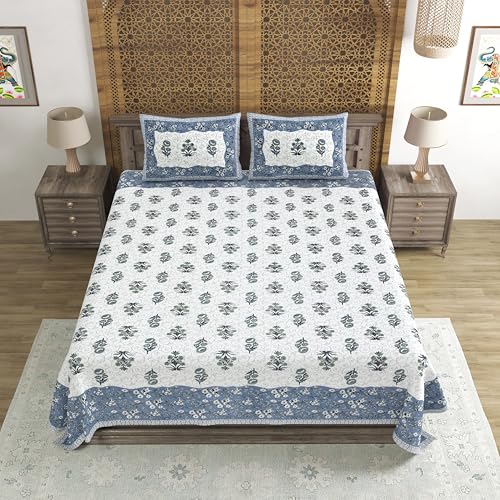 Image of BLOCKS OF INDIA Hand Block Printed 300 TC Cotton Super King Size Bedsheet(106 x 106) (GAD Blue)