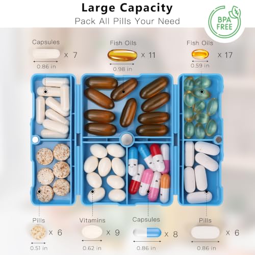 Image of FYY Travel Pill Organizer, 7 Compartments Pill Box Medicine Case - Blue