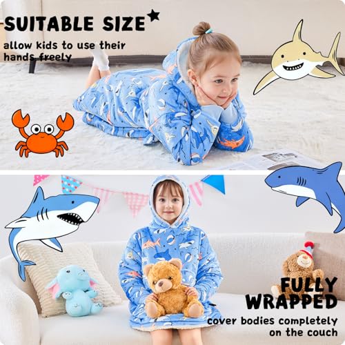 yescool Glow in The Dark Wearable Blanket Hoodie for Kids Toddlers 2-6YR Old Gifts, Oversized Blanket Sweatshirt with Sherpa for Christmas Thanksgiving Birthday Gifts, One Size, Shark