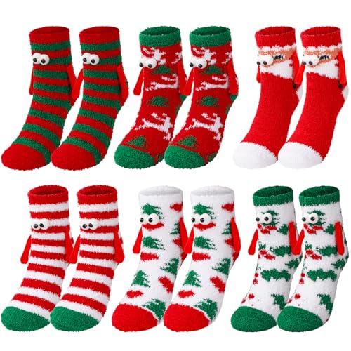 6 Pairs Christmas Holding Hands Fuzzy Socks Red Green Magnetic Ha...