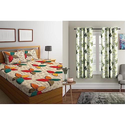Image of Home Sizzler 144 TC Microfibre 3D Floral Multi Double Bedsheet with 2 King Size Pillow Covers 2 Pieces 3D Flower Eyelet Polyester Window Curtains - 5 Feet, Green