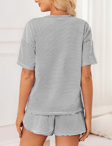 Image of JUSTFASHIONNOW Womens Pajama Sets Shorts Striped Print Two Piece Lounge Sets Crew Neck Sleepwear Split Shorts Set Soft Pjs