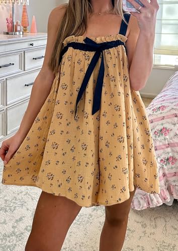 Image of Women Tie Shoulder Mini Dress Floral Ruffle Babydoll Dress Boho Square Neck Sundress Cute Summer Dresses