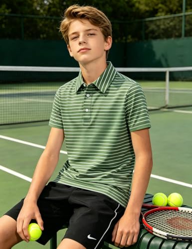 Cuddomper Boy Polo Stripe Shirt Size 13-14 Olive Short Sleeve Golf Top - image 3