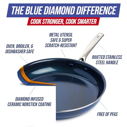 Image of Blue Diamond Ceramic Nonstick 14 inch Frying Pan Skillet, PFAS-Free Cookware, Jumbo Cooker with Helper Handle, For Large & Family Sized Meals, Dishwasher & Oven Safe, Blue