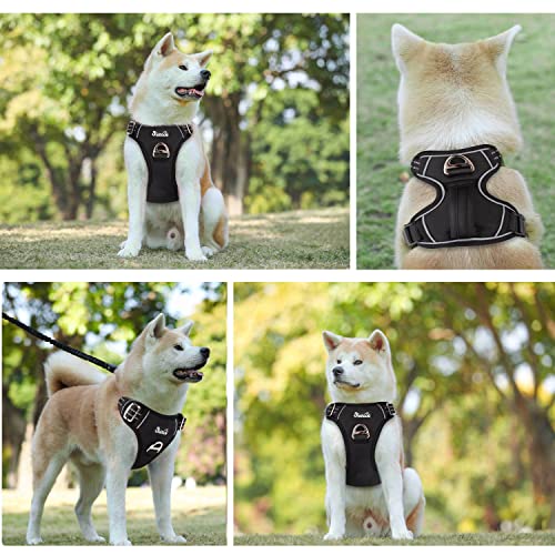 Eyein Hundegeschirr für Große Hunde, Anti Zug Brustgeschirr mit 2 Leinenclips und leicht zu bedienendem Griff, Verstellbare und reflektierende Gepolstert Geschirr für tägliches Training (Schwarz, L)