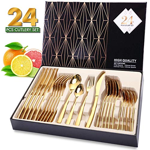 HOBO 24-Piece Titanium Gold Plated Stainless Steel Flatware Set, 24 Pieces Golden Silverware