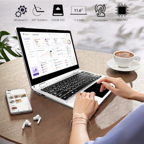 Image of 11.6 inch 2 in 1 Touchscreen Laptop, FHD 1080P Display, Intel Celeron CPU, 8GB RAM 256GB SSD, 360Convertible Flip Ultra Thin Lightweight Tablet Laptop,Webcam,Type-C,WiFi,Window s 11,Silver