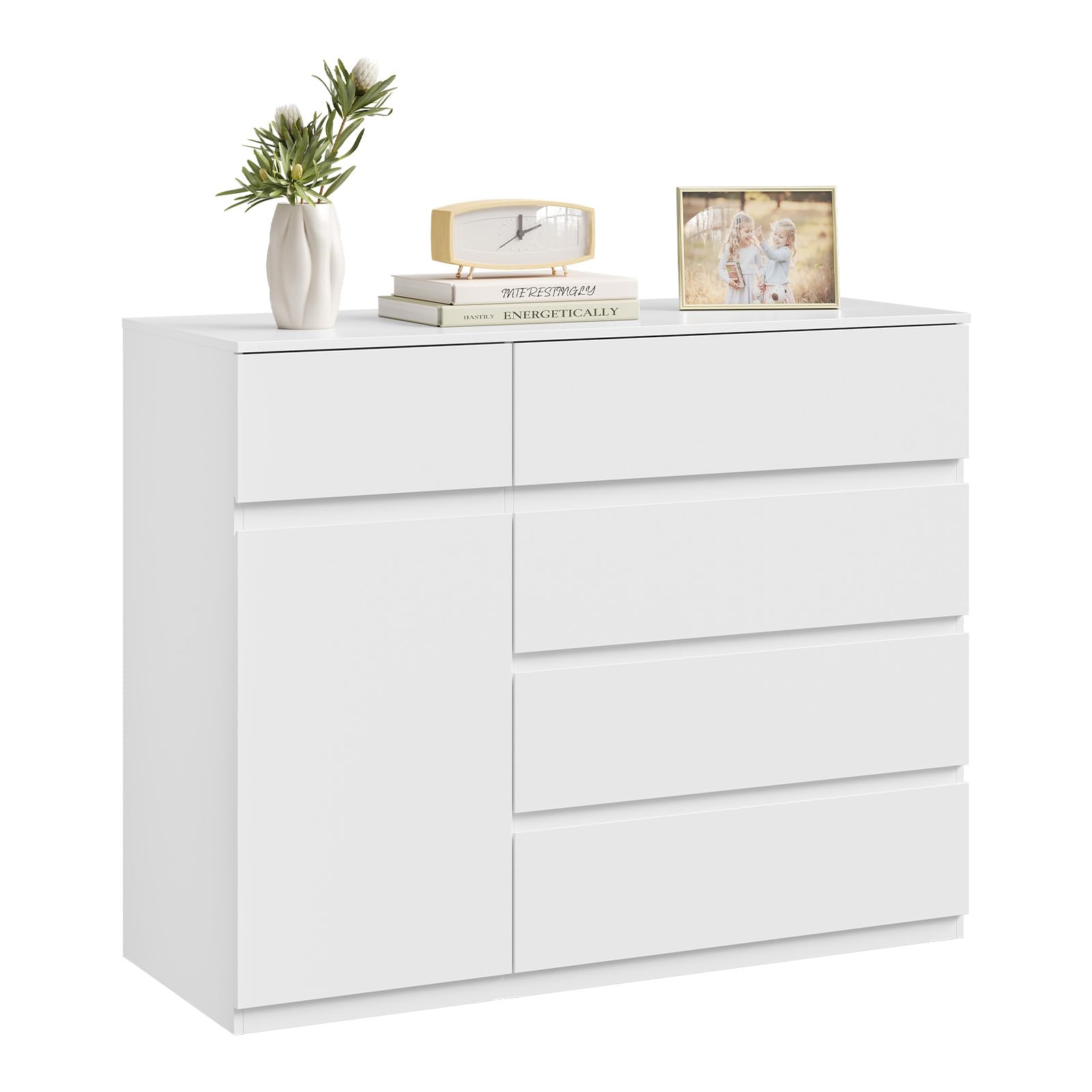 WOLTU Cassettiera Camera da Letto, Mobiletto Salvaspazio con 5 Cassetti e 1 Armadietto, Ripiano Regolabile, per Soggiorno, Ingresso, 100x40x80 cm, Bianco