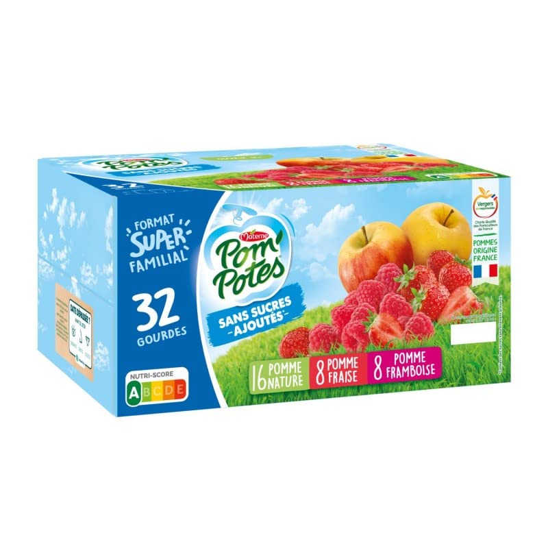 Pom'Potes - Pack de 32 gourdes de compote Pom/Fraises/Framb sans sucres ajoutés - 2,88kg de plaisir fruité et sain pour toute la famille. - Lot De 2 - Vendu Par Lot