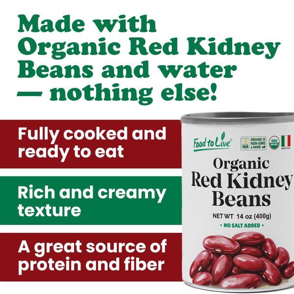 Food to Live Organic Italian Red Kidney Beans, 14 oz (Pack of 8) – Unsalted, Non-GMO, Vegan. Ready to Eat. Perfect for Salads, Soups, Pasta e Fagioli. Wholesale
