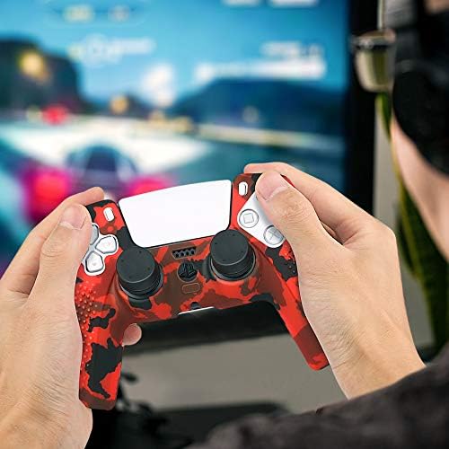 Benazcap Silicone Skin Accessories for PS5 DualSense Controller, PS5 Controller Skin x 1, with Thumb Grip x 10,Camouflage Red