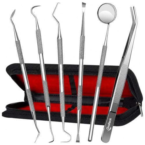 Image of Nuevo Dental tools Cleaning Kit Premium German Stainless Steel Plaque Cleaner, Tartar Remover, 6 Pieces Oral Care Instruments with Case Suitable for Adults Kids and Pets (Black)