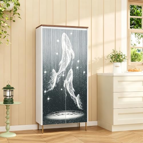 Image of 59 inch Metal Pantry Cabinet,White Kitchen Pantry Cabinets with Doors | Tall Freestanding Storage Cabinet with Adjustable Shelves,Modern Cabinet for Living Room, Kitchen,Dining,Whale Pattern