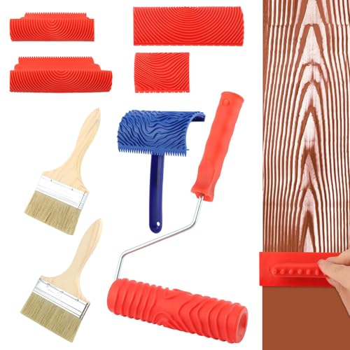 8Pcs Wood Grain Tool Set Wood Grain Painting Tool,Woods Grains Roller Paint Tools DIY Rubber Graining Tools Woods Pattern Painting Roller for Wall Room Art Decoration(Red+Blue+Brown,Size:7 Sizes)