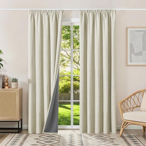 100% Verdunklungsvorhänge mit Kräuselband Leinenoptik Vorhänge Blickdicht | 200Hx160Bcm,Hellbeige,2er Set,Thermovorhänge Kälteschutz Gardinen für Schienen,Wohnzimmer,Schlafzimmer