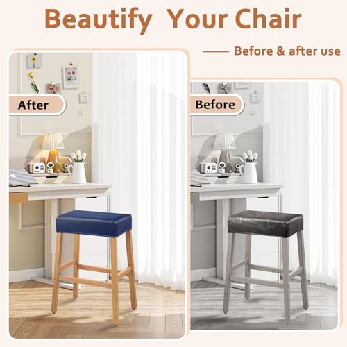 Image of PU Leather Bar Stool Covers Rectangular, 100% Waterproof Stool Covers Rectangle Super Stretch 20% Thicker Leather Saddle Stools Cover Rectangular Counter Bar Stools with Elastic Band (4 PCS, Navy)