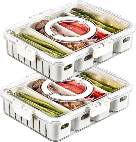 Image of JD Fresh Pack of 2 Fridge Storage Boxes with 4 Removable Serving Veggie Tray /Divided Plastic Fridge Organizer with Lid & Handle /Airtight Fridge Storage Container for Fruits,Vegetables &Kitchen Storage