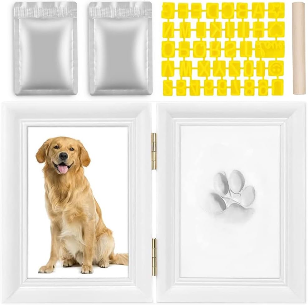 SlowTon Pet Pawprint Keepsake Kit, Picture Frame with Clay Imprint Kit, Personalized Gift for Dogs Pet Lovers (Pawprint kit with 2 Clays)