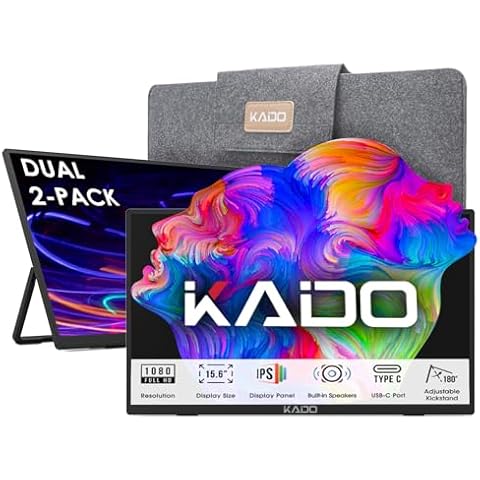 Kado Dual Portable Monitor Setup - 2-Pack 15.6-inch FHD Portable Monitor for Laptop, 1920x1080 IPS mini-HDMI USB Type-C Laptop Screen Extender Built-in Speakers, Stacked Desk Setup for Office Gaming Cover