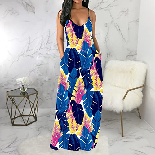 Womens Casual Maxi Dresses V Neck Adjustable Spaghetti Strap Sleeveless Banana Leaf Blue Colorful Sundresses Plus Size With Pockets Summer #TOP3
