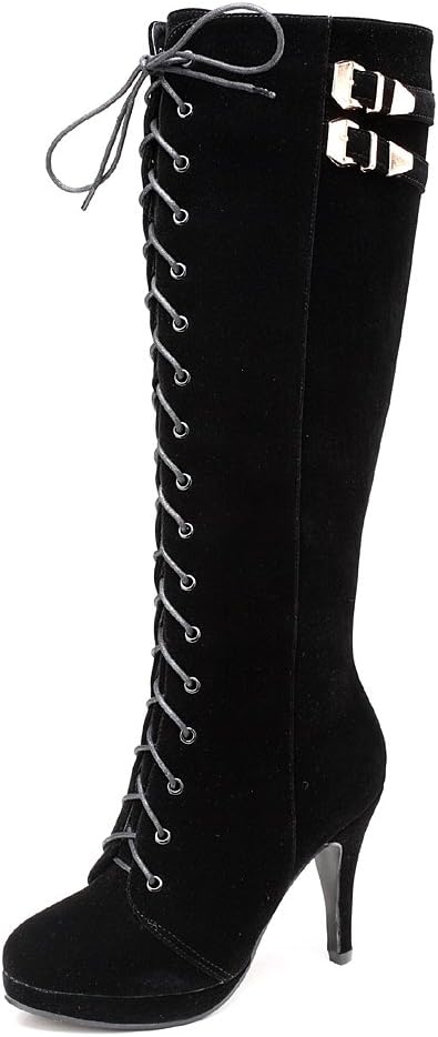getmorebeauty Womens Knee High Boots Suede Buckle Rock Lace Up Zipped Thigh High Heel Boots - Image 4