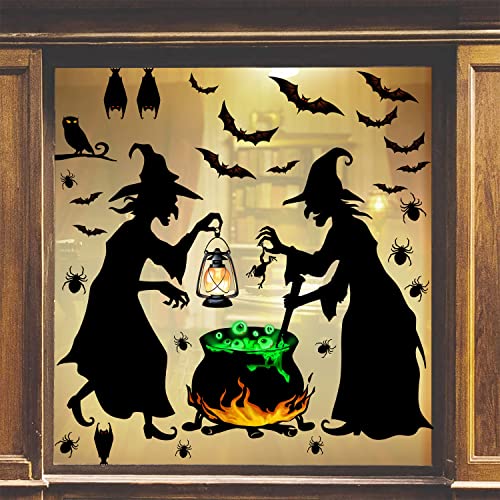 Halloween Witches Window Clings Decorations Extra Large 2 Witches Brew Spooky Haunted House Bats Spider Scary Decals Silhouette Removable Double-Side Window Sticker Halloween Party Supplies 5 Sheets