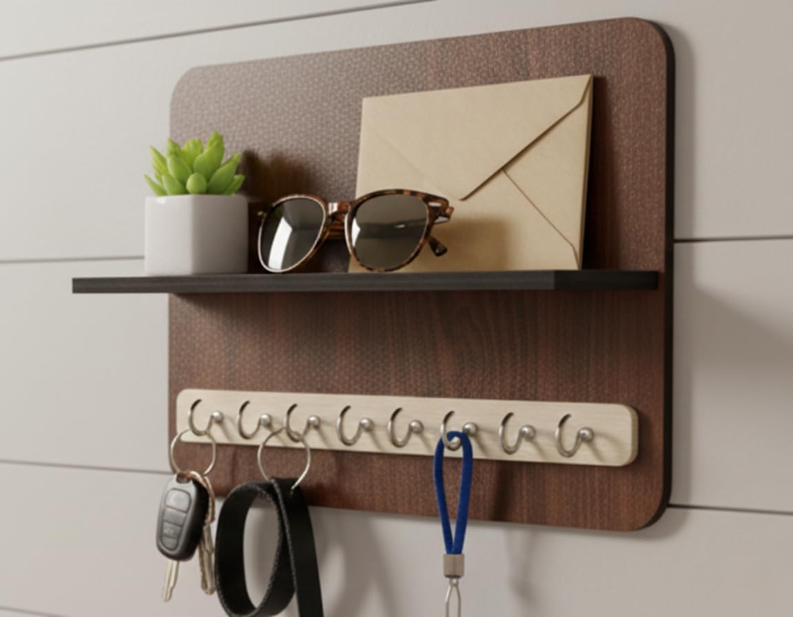ARTIVE DECOR Modern Wall Key Holder with Shelf – Entryway Organizer & Mail Catchall – Floating Wood Shelf with 7 Hooks for Kitchen, Office, & Craft Room Storage – Walnut & Black Finish-image-28