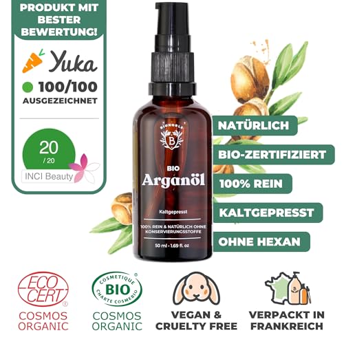 BIONOBLE Arganöl Bio Kaltgepresst in Marokko - Repariert, Nährt, Gegen Falten - Arganöl Haare, Gesicht, Haut - Argan Oil 100% Rein, Natürlich, Ohne Hexan - Glasflasche, Pipette, Pumpe - 50ml