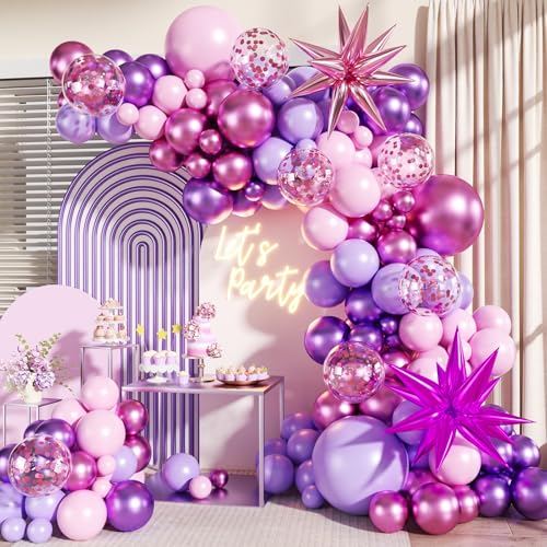 Pink and Purple Balloons Arch Kit 140Pcs Metallic Rose Light Purple Pink Balloon Garland Arch Kit Confetti Balloons with Stars for Wedding Bridal Shower Butterfly Birthday Party Decorations