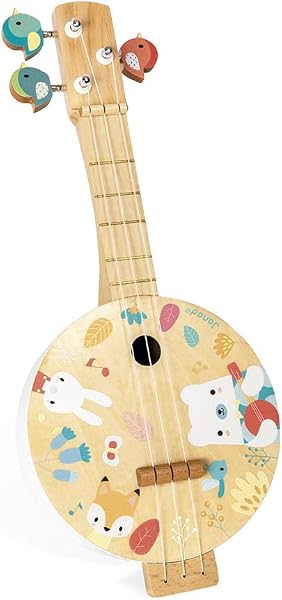 Janod - Banjo Pure en Bois - Imprimé de Jolies Illustrations, Peinture à l'eau - Clefs d'Accordage en Forme d'Oiseau - Jouet d'Imitation - 3 Cordes de Rechange - Banjo Enfant, de 3 à 8 Ans, J05160 - 2