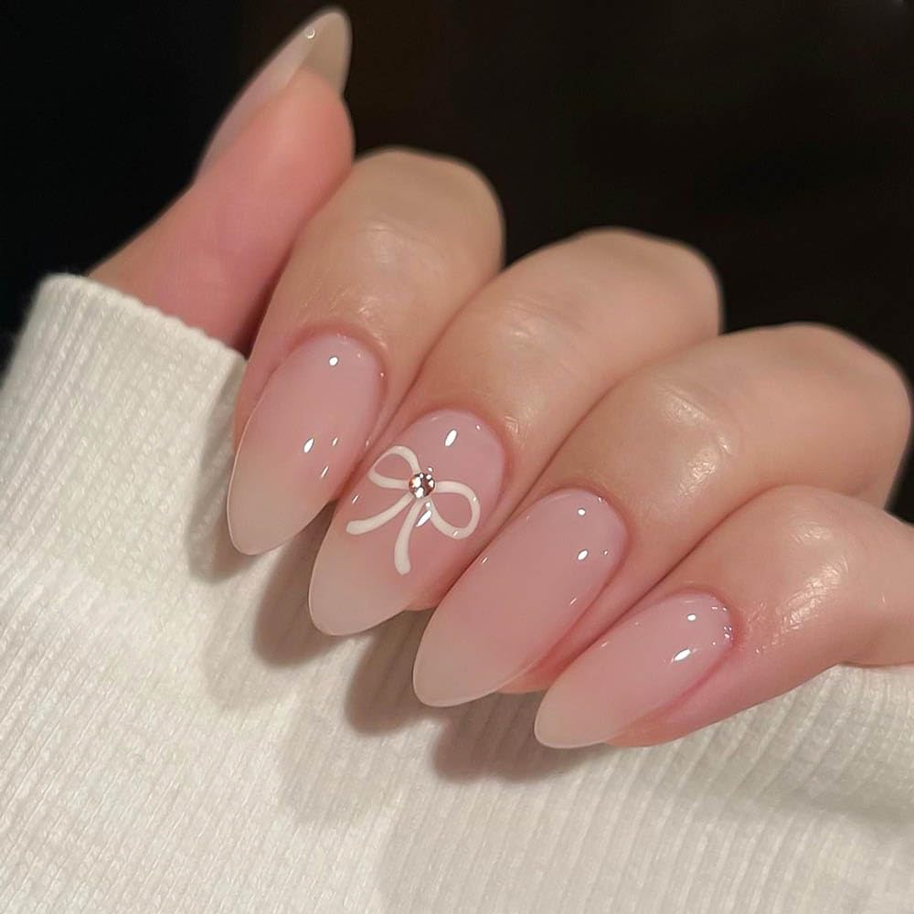 QIQVERT 24 Pcs Artificial Reusable Press On Nail Set for Women Fake Nails Set Artificial Nails Base Pink White Bow Shiny Glossy Nails Party Nails Stick On Nails Ideal for Gifts, Parties, and Festival Makeovers-image-30