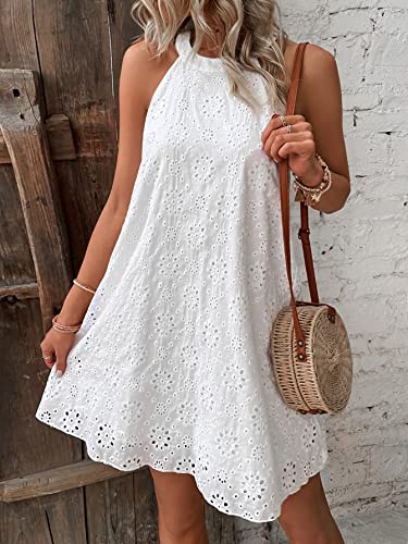 Wdirara Women's Eyelet Embroidery Sleeveless Keyhole Back Halter Neck Summer Aline Dress White L #TOP2