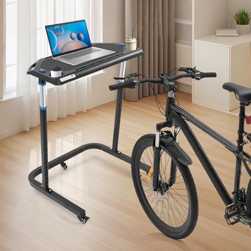 Mesa de entrenamiento para bicicleta con ruedas de 8 velocidades de ajuste de altura, mesa multifunción de pie para bicicleta estática, escritorio de pie con ranuras dobles y dos soportes para tazas