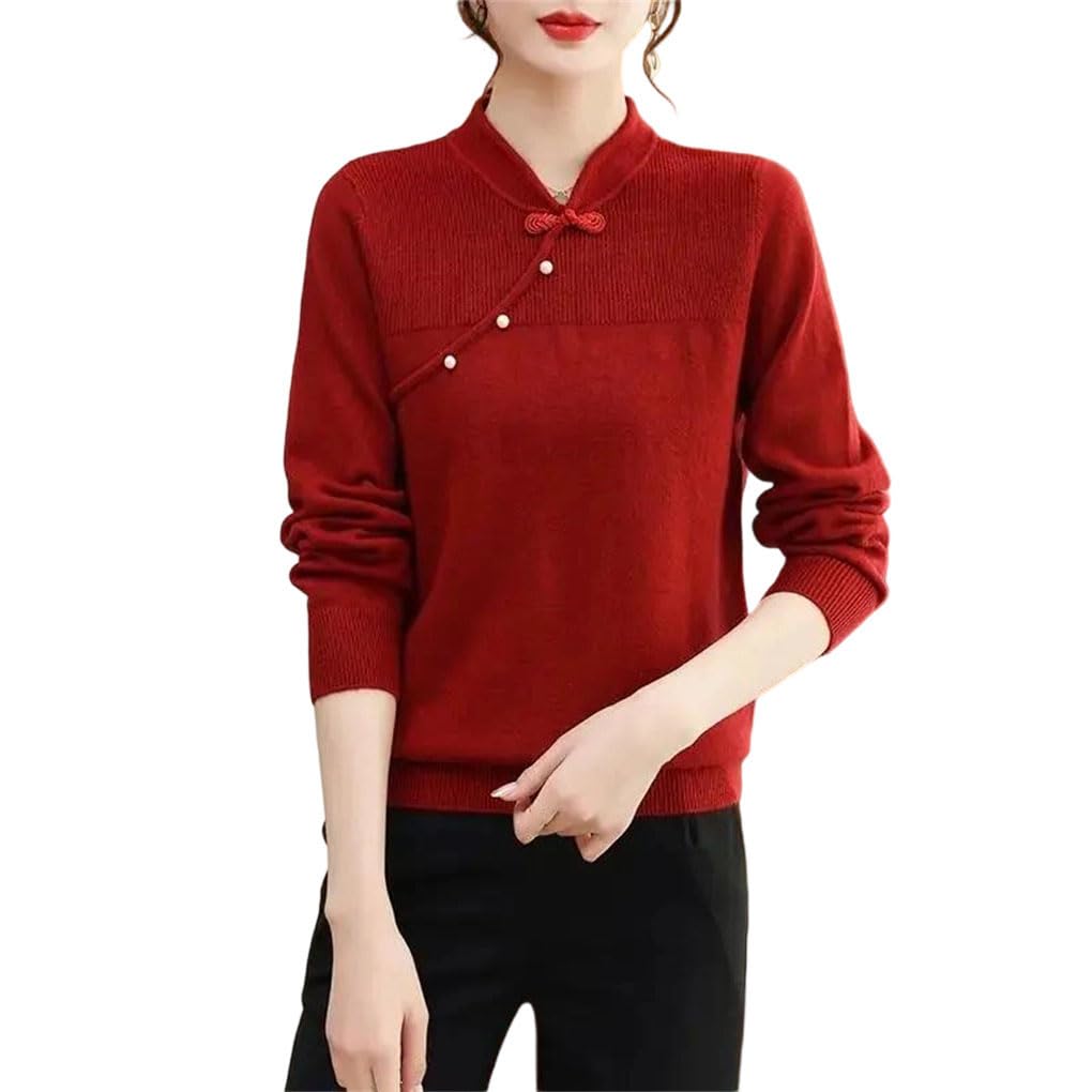 Womens Chinese Style Retro Lapel Pullover Sweater