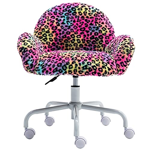 Cute Fluffy Kids Desk Chair Swivel Teens Computer Chair with Arm Faux Velvet Adjustable Child Chairs for Student Girks Study Table Bedroom, Red Leopard