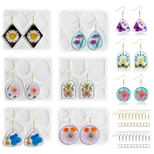 Roxjaejae 46 PCS Resin Earring Molds Silicone Kit Resin Jewelry Making Kit with Built-in Holes for Earrings Necklace Pendants Keychains