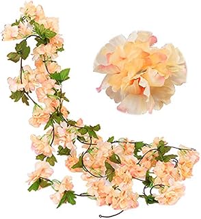 JaneYi 2 Pack 7.7ft Fake Cherry Vine Artificial Flowers Plant Hanging Silk Ivy Garland with Green Leaves for Indoor Outdoor Home Hotel Garden Wedding Party Craft Art Decor (Champagne)