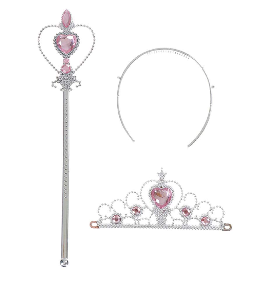 (Pink) Crown and Wand Set for Little Girls Princess Queen with Colored Stones - Accessories Disguise Carnival Halloween Cosplay
