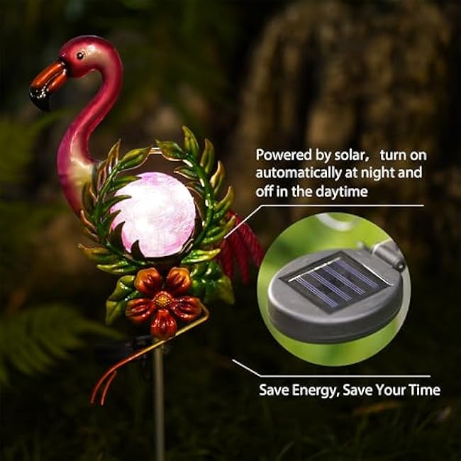 Solar Garden Light for Garden Decoration, 40.9 Inch Flamingo Solar Stake with Cracked Glass Puck Light for Outside Patio Pathway Yard Decoration(Flamingo)