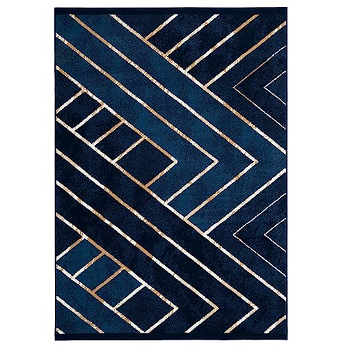 Modern Navy Blue Art Deco Living Room Area Rug Striped Geometric Stain Resistant Carpet Durable ZigZag Lounge Bedroom Kitchen Rugs 190cm x 280cm Modern Navy Blue Art Deco Living Room Area Rug Striped Geometric Stain Resistant Carpet Durable ZigZag Lounge Bedroom Kitchen Rugs 190cm x 280cm