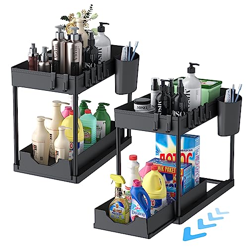 2 Pack Under Sink Organizers and Storage, 2 Tier Under Sink Organizer Drawer 6 Hooks 1 Cup, Sliding Cabinet Basket Organizer for Under the Kitchen Bathroom Sink Counter Shelf Organizers and Storage